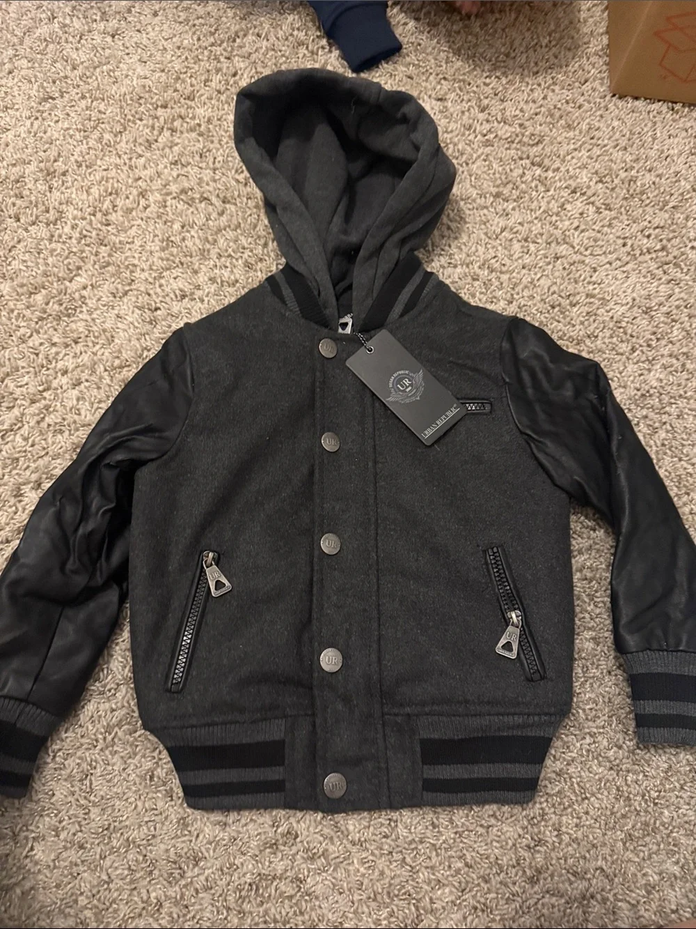 Urban Republic Charcoal and Black Hooded Bomber Jacket for Kids